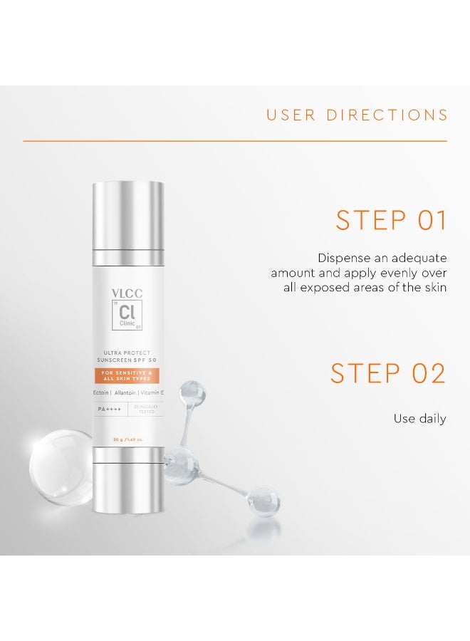 VLCC Clinic Ultra Protect Sunscreen SPF 50 PA++++ – Broad-Spectrum, Sensitive-Skin Friendly UV Protection | Ectoin, Allantoin & Vitamin E | 50g - Image 2